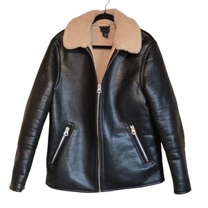 H&M Black Men's Faux Leather Bomber Jacket with Cream Sherpa Lining and Collar